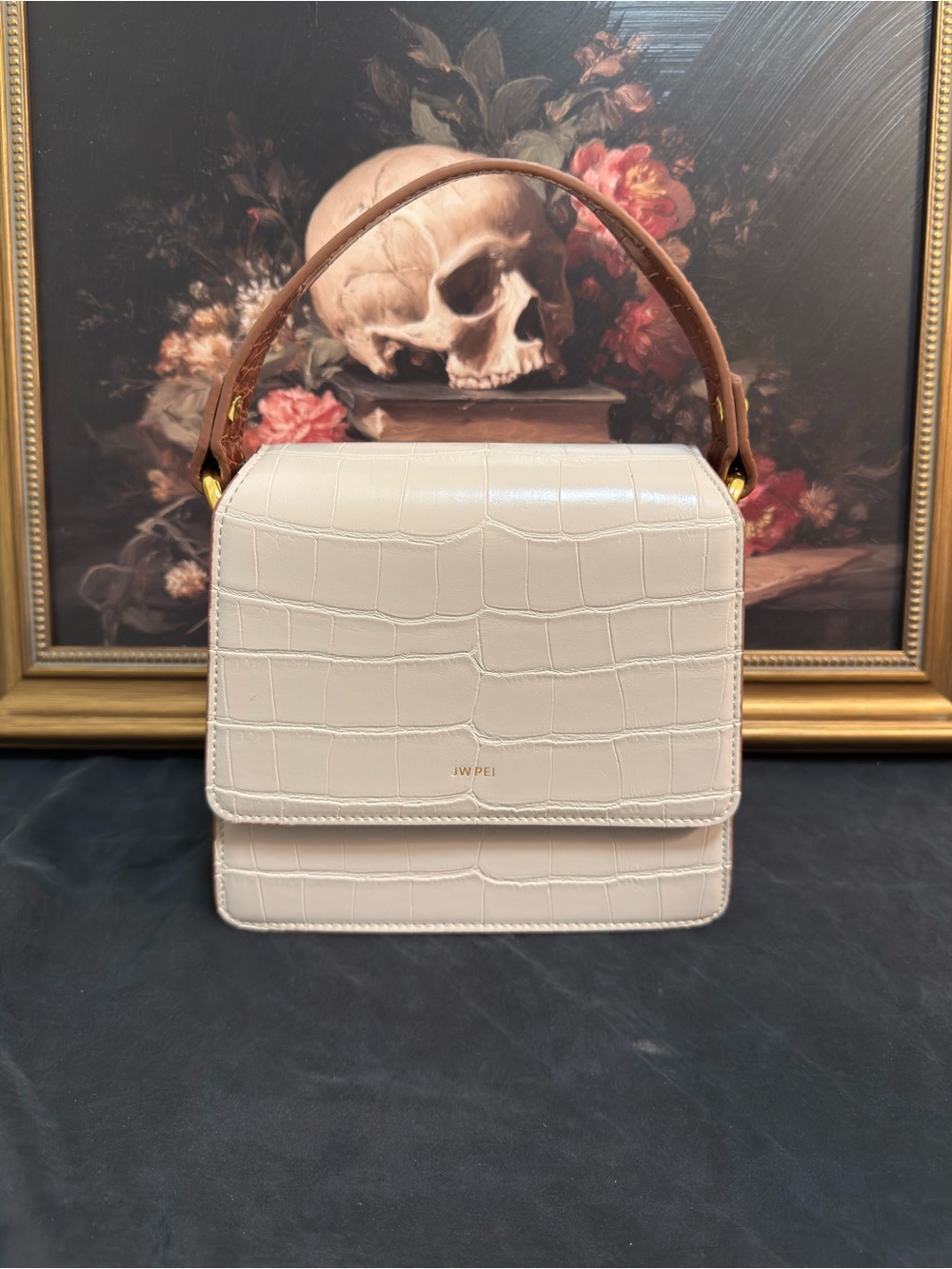 JW PEI Cream and Brown Croc-Embossed Top Handle Bag